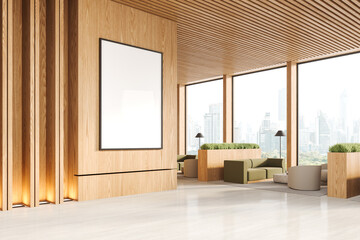Office interior with waiting space near panoramic window. Mock up frame