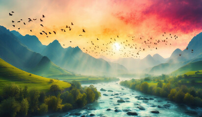 A Beautiful natural watercolor painting of a River, mountain trees, and birds with sunshine