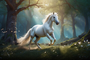 Obraz premium A white horse with a long mane standing in a forest ai picture