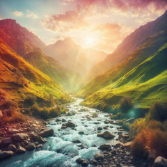 A Beautiful natural watercolor painting of a River, mountain trees, and birds with sunshine