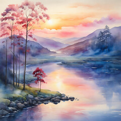 A Beautiful natural watercolor painting of a River, mountain trees, and birds with sunshine