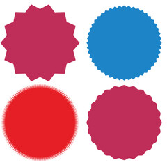 Set of vector starburst, sunburst badges. Different color. Simple flat style Vintage labels. Colored stickers.