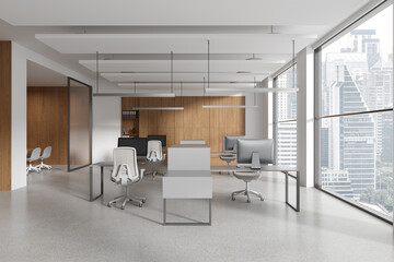 Minimalist office interior with meeting and coworking space, panoramic window
