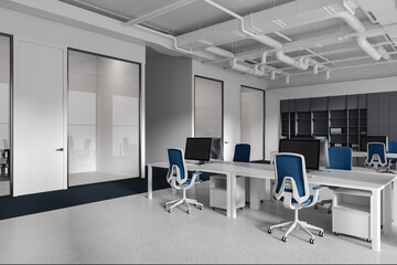 Modern office interior with meeting and coworking space, shelf with documents