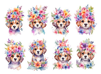 Cute puppies with flowers watercolor set, isolated on Background, generated ai
