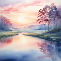 A Beautiful natural watercolor painting of a River, mountain trees, and birds with sunshine