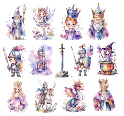 Fototapeta na wymiar Fairy tale character watercolor collection with fantasy princess, prince, witch, knight, dragon. Medieval fairytale castle patches pack isolated on Background, generated ai