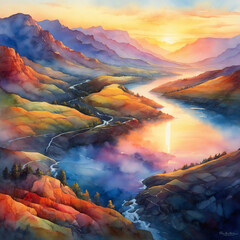 A Beautiful natural watercolor painting of a River, mountain trees, and birds with sunshine