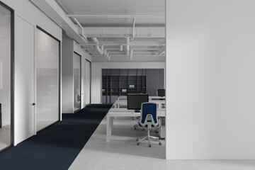 White and blue open space office with blank wall