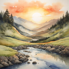 A Beautiful natural watercolor painting of a River, mountain trees, and birds with sunshine