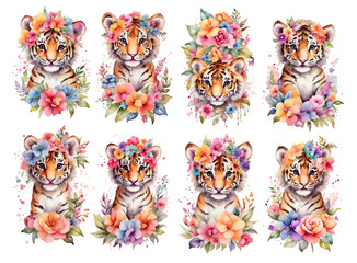 Cute tiger cubs with flowers watercolor set, isolated on Background, generated ai