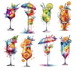 A set of isolated cocktails drinks in glasses, set of summer watercolor juices in watercolor style, generated ai