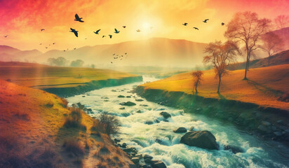 A Beautiful natural watercolor painting of a River, mountain trees, and birds with sunshine