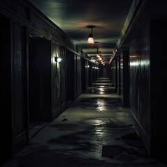 Dark mysterious corridor in building., Generative AI
