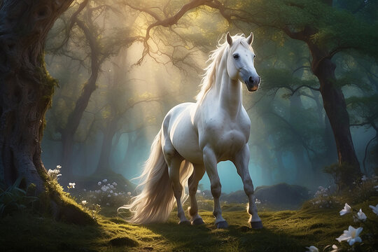 A white horse with a long mane standing in a forest ai picture