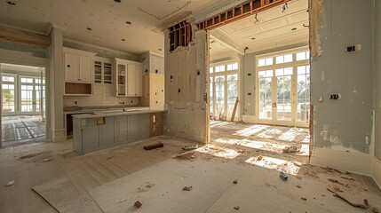 Transforming space  demolishing a wall for an open floor plan in home renovation - obrazy, fototapety, plakaty