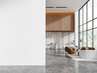 Office reception interior desk and waiting space, panoramic window. Mock up wall