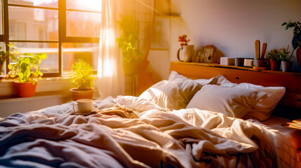 Bed with white comforter and cup of coffee on it.