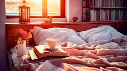 Fototapeta na wymiar Cup of coffee and book on bed with window in the background.