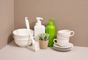 Keeping the house clean. Washing dishes and products for cleaning. Clean white tableware.