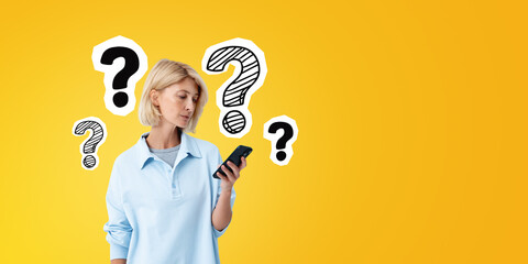 Young woman with phone in hand, question marks sketch on empty background - obrazy, fototapety, plakaty