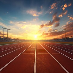 Running on a running track at sunset sunrise dramatic view