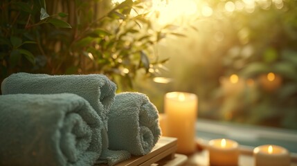 Fototapeta na wymiar Roll up of towels with candles and flowers for massage spa treatment ,aroma ,healthy wellness relax calm and luxurious atmosphere associated with pampering and well-being healthy skin practices