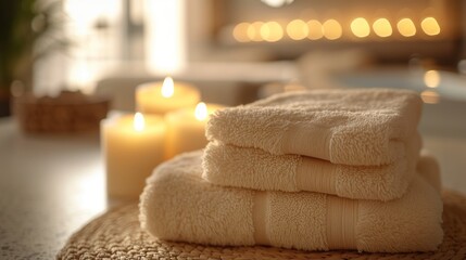 Fototapeta na wymiar Roll up of towels with candles and flowers for massage spa treatment ,aroma ,healthy wellness relax calm and luxurious atmosphere associated with pampering and well-being healthy skin practices