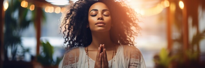 banner bohemian style meditation, woman with closed eyes in a peaceful state, adorned with headband and necklaces, in room with soft lighting and bokeh.