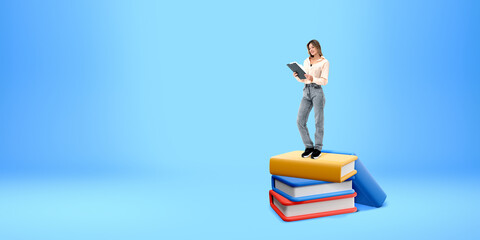 Woman with clipboard standing on cartoon books, empty copy space background
