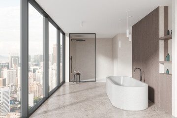 Fototapeta na wymiar White and brown bathroom interior with tub and shower
