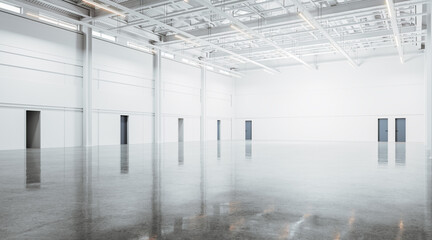 Empty white warehouse corner with doors
