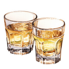 two tequila shot glasses watercolor illustration png isolated on a transparent background, bar alcoholic drinks clipart 
