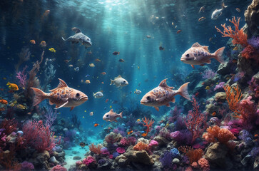 Fototapeta na wymiar Nebula Nautical Realms Surreal Underwater Wildlife Animals 