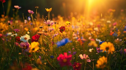 A field of wildflowers in full bloom, creating a vibrant carpet of colors under the golden sunlight
