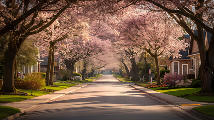 beauty of a residential street in spring. The image is composed of a tree-lined avenue where the...
