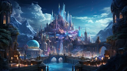 Illustration of the city of Atlantis with magnificent sky background.