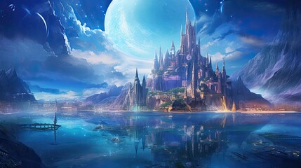 Illustration of the city of Atlantis with magnificent sky background.