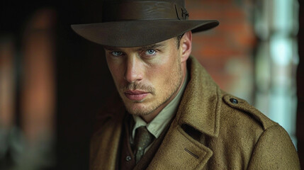 Obraz premium Portrait of an experienced detective in hat and coat
