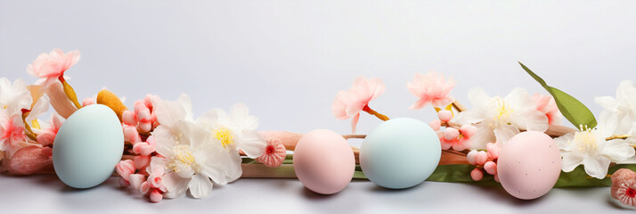 Naklejka na ściany i meble Group of colorful painted Easter eggs with flowers on isolated background - ai generative