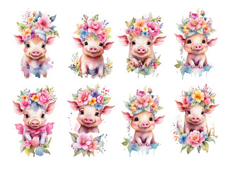 Cute piglets with flowers watercolor set, isolated on Background, generated ai