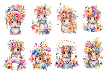 Cute mouse with flowers watercolor set, isolated on Background, generated ai