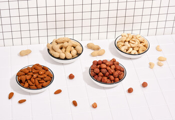 Different types of nuts on the table. Healthy eating and good nutrition.