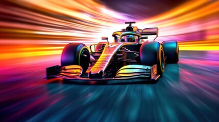 Formula 1 car at high speed in motion and acceleration with neon light extreme speed grand champion.