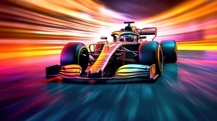 Foto op Canvas Formula 1 car at high speed in motion and acceleration with neon light extreme speed grand champion. © muza