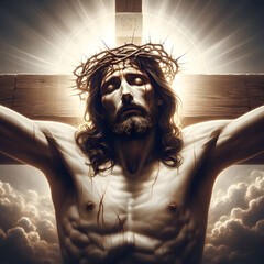 Crucified Jesus on cross. Concept of suffering from human sins.