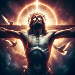 Crucified Jesus on cross. Concept of suffering from human sins. - obrazy, fototapety, plakaty