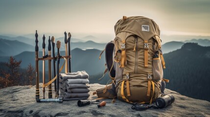 Hiking equipment, rucksack, boots, poles and slipping pad. Hiking travel gear on glasses. Items include hiking boots, cup, map,binoculars. - obrazy, fototapety, plakaty