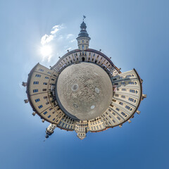 Fototapeta premium little planet and spherical aerial 360 panorama view on street ancient medieval castle with church and historic buildings with columns