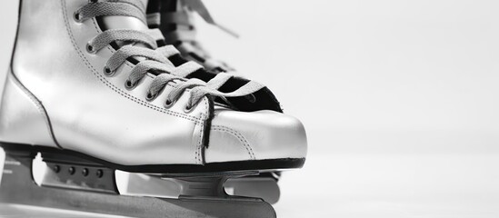 leather skates for skating on the winter ice, Ice skating on rink. Closeup of ice skates. Ice skating season.